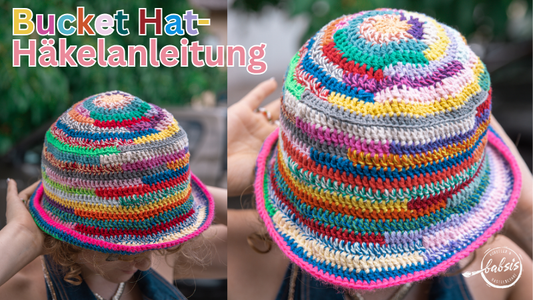 Bunter gehäkelter Bucket Hat aus Baumwollresten mit der Aufschrift „Bucket Hat Häkelanleitung“