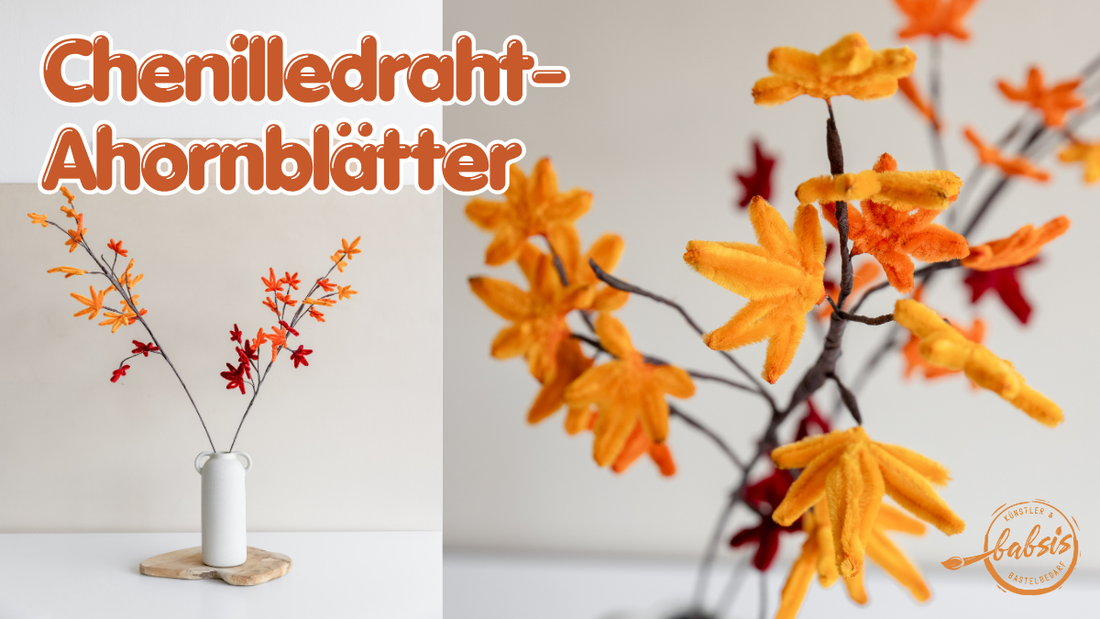 Anleitung für herbstliche Ahornblätter aus Chenilledraht mit fertigen Dekozweigen in einer weißen Vase