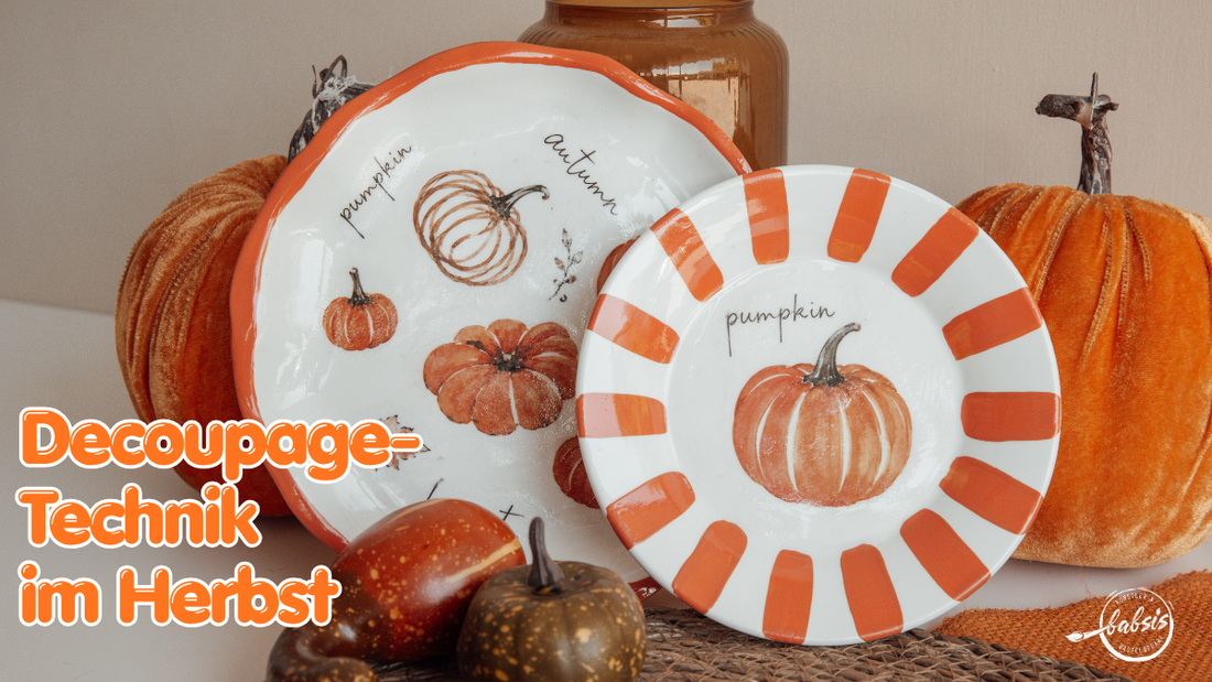 Decoupage-Technik im Herbst mit Kürbismotiven auf selbst gegossenen Tellern und Schalen