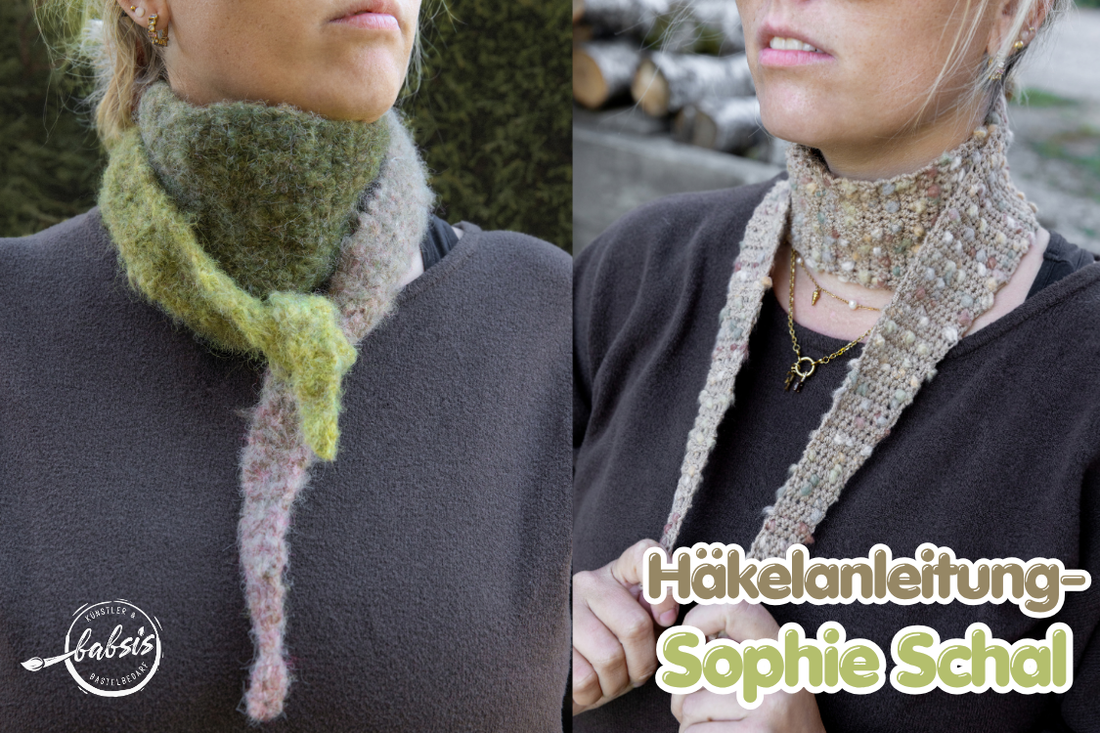 Titelbild „Häkelanleitung – Sophie Schal“ mit einem grünen Farbverlaufsschal und einem beigen Schal mit bunten Pompons.