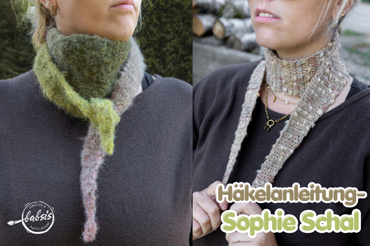 Titelbild „Häkelanleitung – Sophie Schal“ mit einem grünen Farbverlaufsschal und einem beigen Schal mit bunten Pompons.