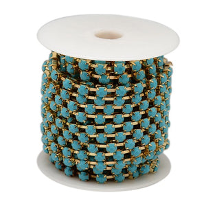 Strass-Kette türkis opal, goldfärbig 6x5mm, pro Laufmeter