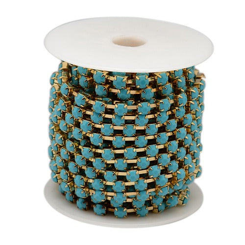 Strass-Kette türkis opal, goldfärbig 6x5mm, pro Laufmeter