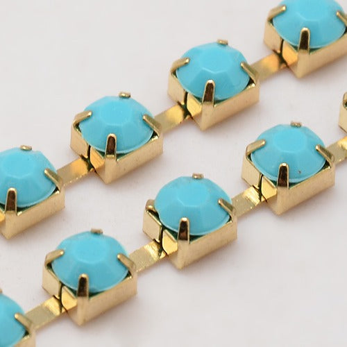 Strass-Kette türkis opal, goldfärbig 6x5mm, pro Laufmeter