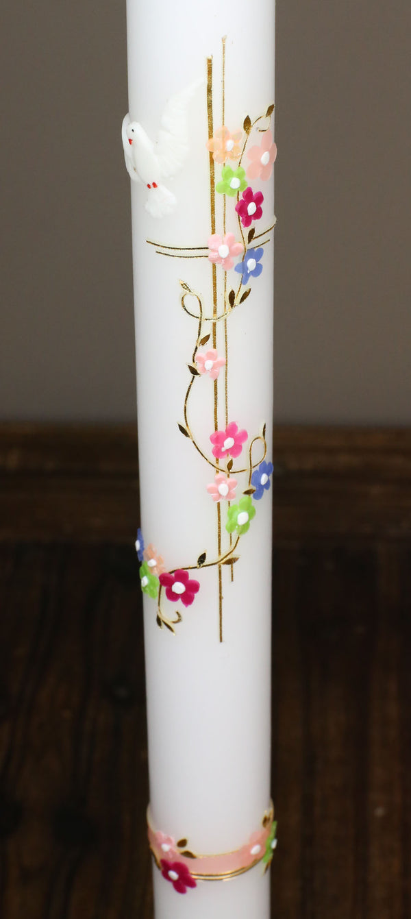 Taufkerze weiß mit bunten Blümchen 50x3cm inkl. Karton