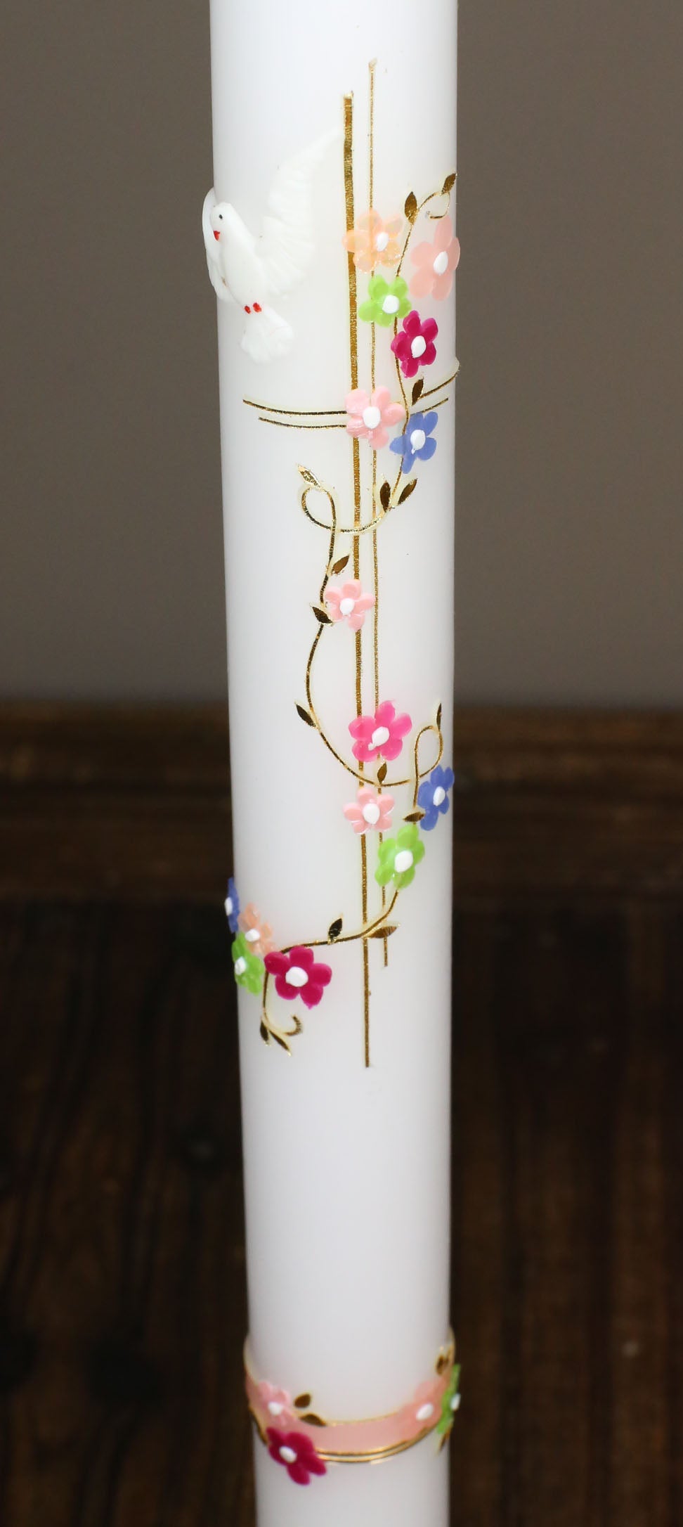 Taufkerze weiß mit bunten Blümchen 50x3cm inkl. Karton