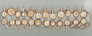 Adventszahlen Holzscheibe mit Holzklammer 1-24