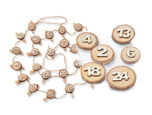 Adventszahlen Holzscheibe mit Holzklammer 1-24