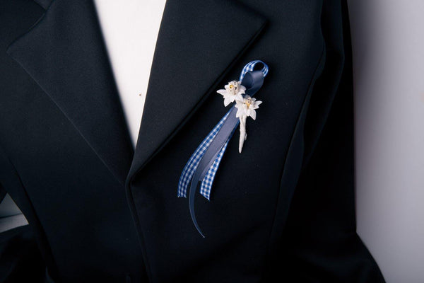 Anstecker Edelweiß und Karobandschlaufe Alpin Trachtenhochzeit inkl. Anstecknadel