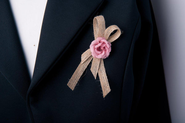 Hochzeitsanstecker Juteschlaufe mit Rose Vintage rustic inkl. Anstecknadel