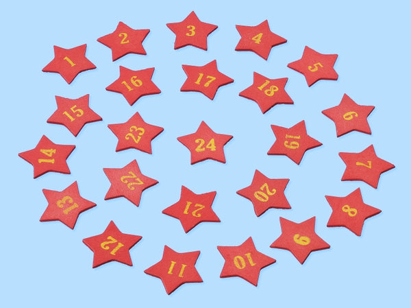 Adventkalender Zahlen aus Holz sternförmig rot/gelbgold 1-24 25mm