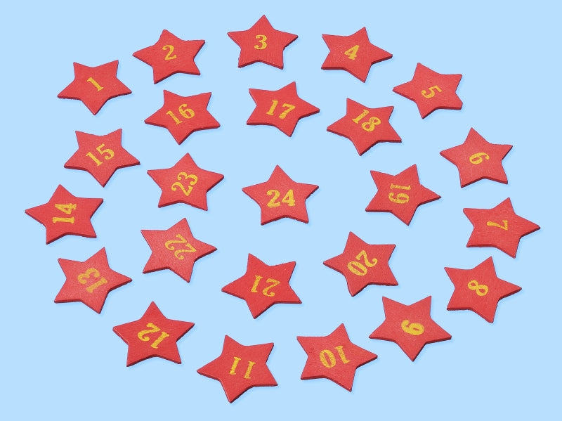 Adventskalender Zahlen aus Holz sternförmig rot/gelbgold 1-24 25mm