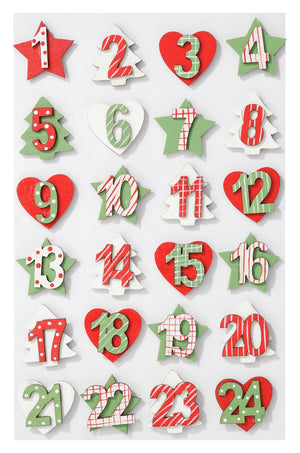 Mini- Holzzahlen Adventkalender Zahlen Stern Baum Herz weiß rot grün 25mm