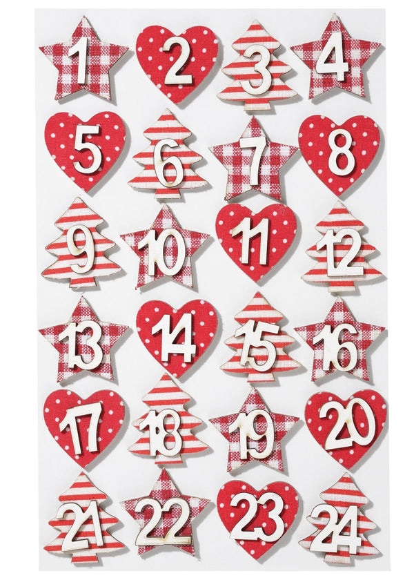 Mini- Holzzahlen Set Adventskalender Zahlen Adventszahlen Stern Baum Herz 35mm weiß rot Stoffdesign