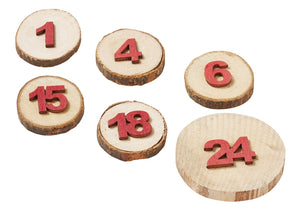 Adventkalender- Zahlen  auf Holzscheibe mit Klebepunk natur mit roten Zahlen
