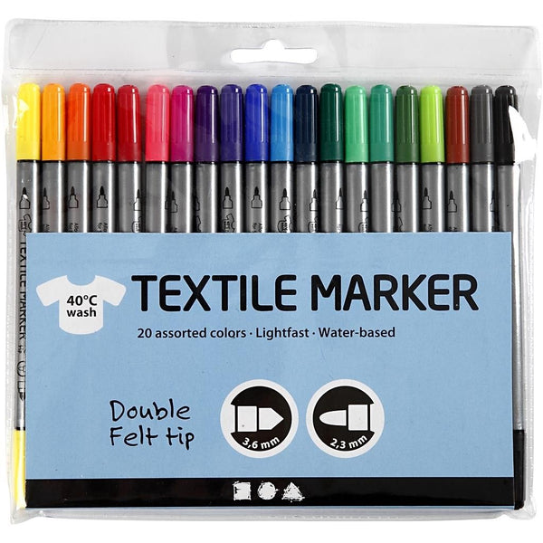 Textilmarker 20er Set, doppelseitig, lichtecht, waschbar, Stoffmalstifte Stoffmarker Textilmarker Textilstifte