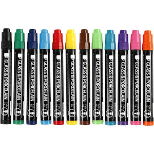 Glas- und Porzellanmalstifte Sortiment, 12 Stück/Set, halbdeckend, Strichstärke 1-3mm