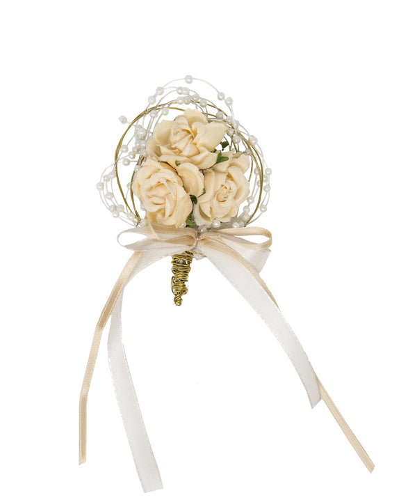 Anstecker 3 Rosen mit Messingdraht und Perlenspray creme 8cm inkl. Anstecknadel