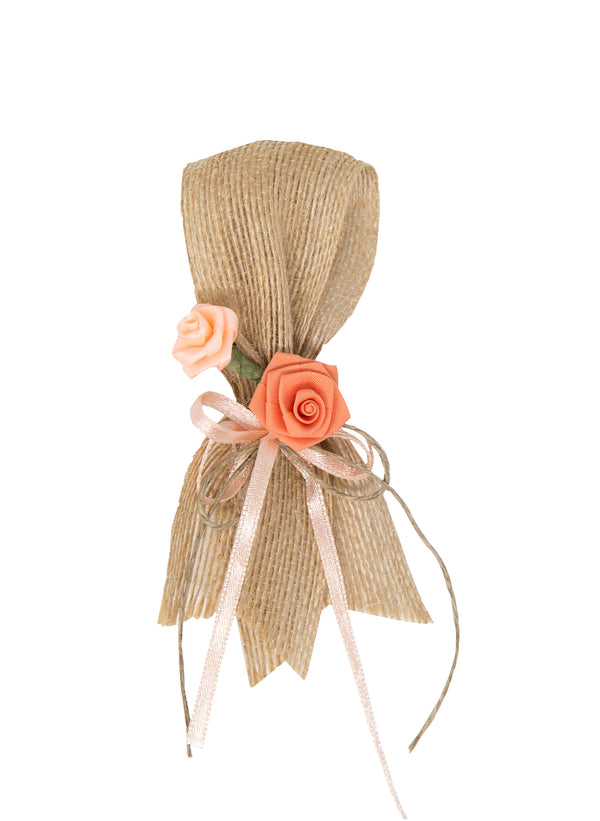 Hochzeitsanstecker Juteschlaufe mit 2 Diorröschen lachs Anstecknadel