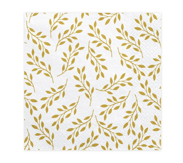 Serviette weiß mit Zweigen gold Servietten Zweige mit Blättern 33x33cm