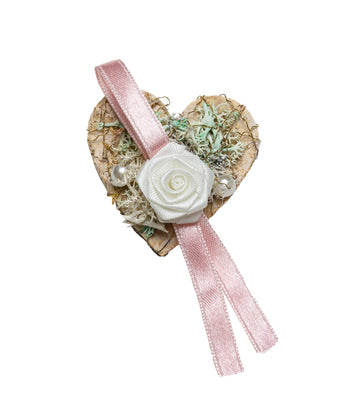 Hochzeitsanstecker Rindenherz mit Diorrose und Moos 4,5x5cm mit Anstecknadel 1 Stk.