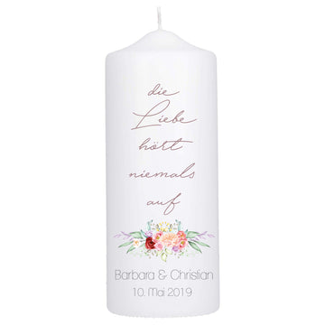 Hochzeitskerze Stumpe „Die Liebe hört niemals auf“ 250/80mm