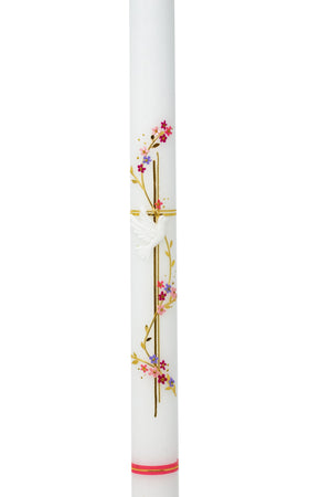 Taufkerze Blumenranke Taube Kreuz rosa 50x3cm