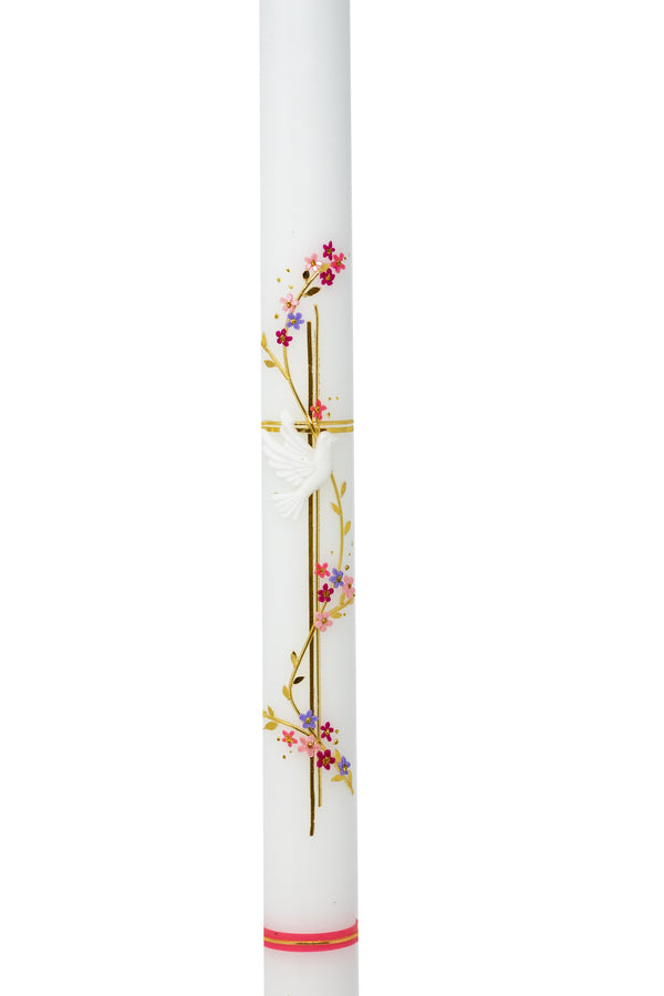 Taufkerze Blumenranke Taube Kreuz rosa 50x3cm