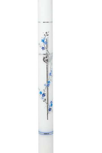 Taufkerze Blumenranke Taube Kreuz blau 50x3cm