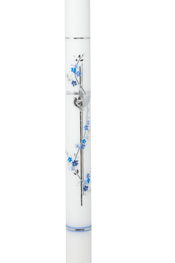 Taufkerze Blumenranke Taube Kreuz blau 50x3cm