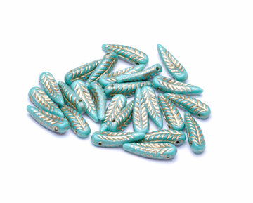 Glasperle Vogelfeder 17x5mm türkis-gold 25 Stück