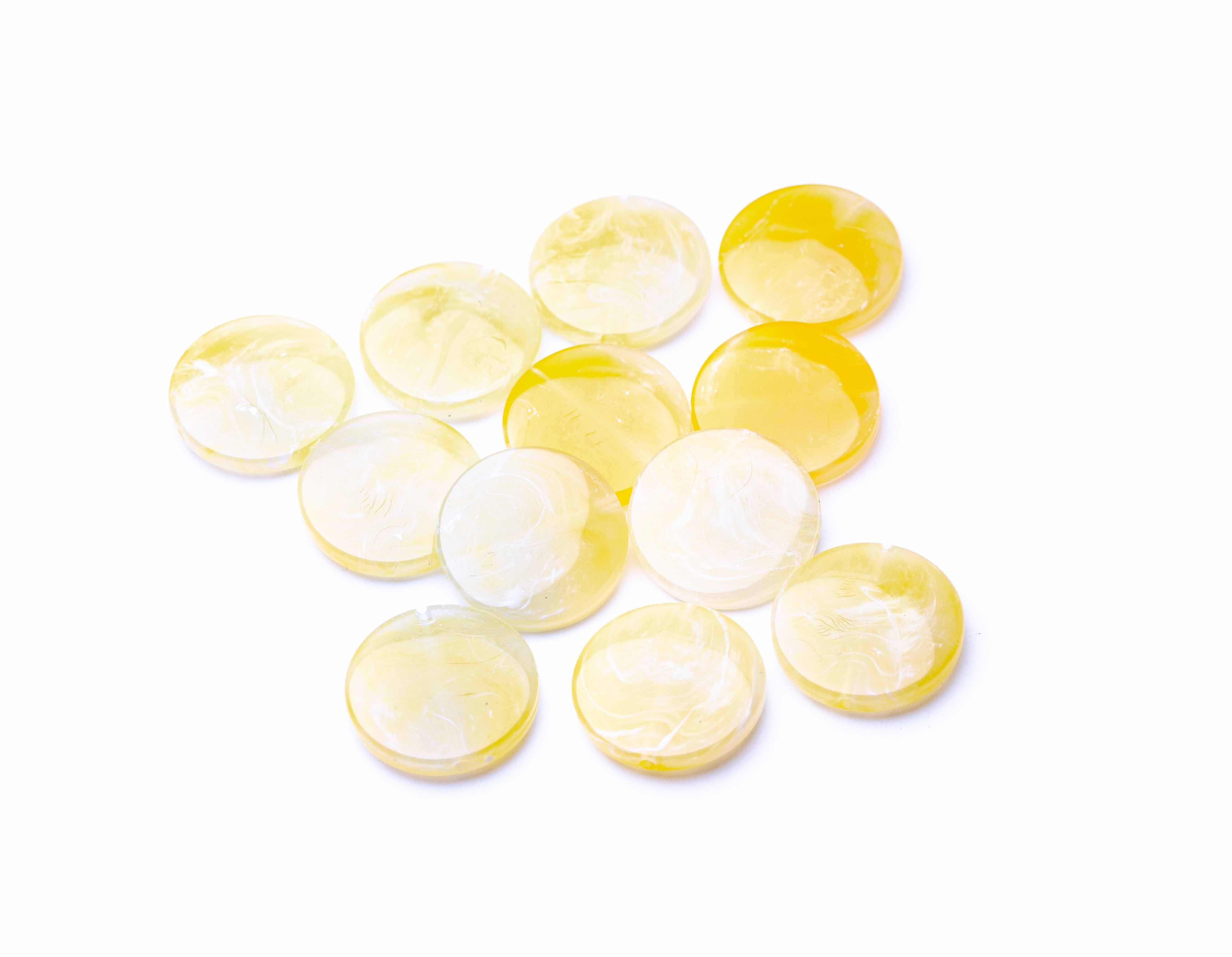 Acrylperle flach rund gelb Jadeimitat 20x5mm 12 Stück