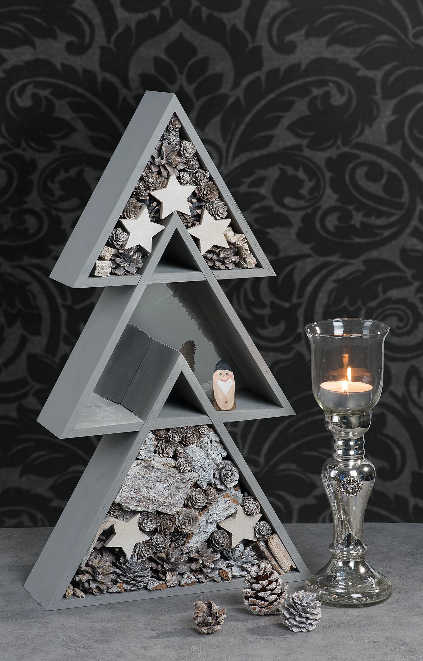 Deko-Holzmix mit Sternen und Zapfen, gekalkt gebleicht 1000g