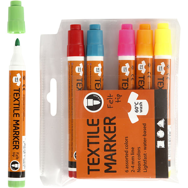 Stoffmalstifte Set Neonfarben Strichstärke 2-4 mm 6 Stifte / Packung
