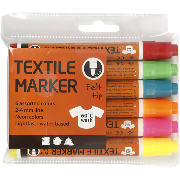 Stoffmalstifte Set Neonfarben Strichstärke 2-4 mm 6 Stifte / Packung