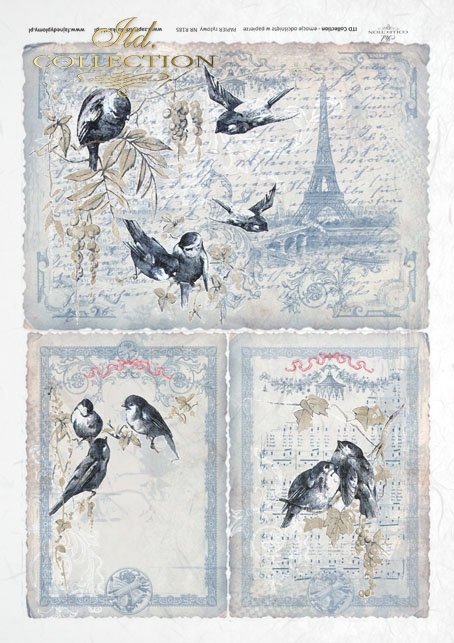 Reispapier A4 Vögel Nostalgie Paris, Decoupagepapier Reispapier 25-30g/m2 pro Stück