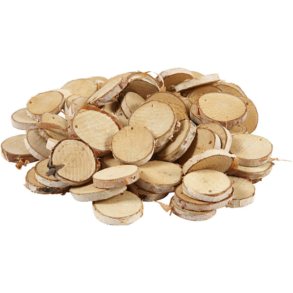 Holzscheiben mit Loch, 35–45 mm, 4 mm Lochbohrung, 7 mm dick, 500 g/Pkg.