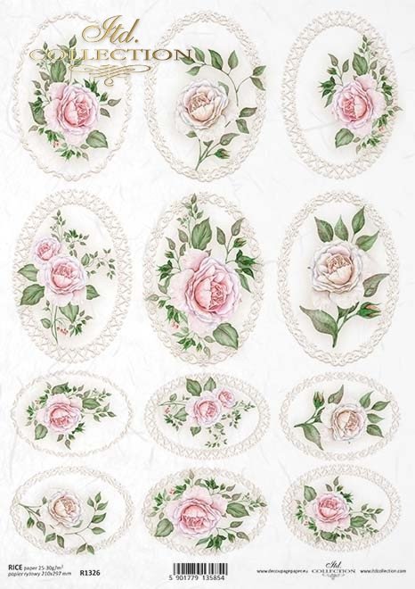 Reispapier A4 Rosen oval , Decoupagepapier Rice Paper 25-30g/m2 per Stück