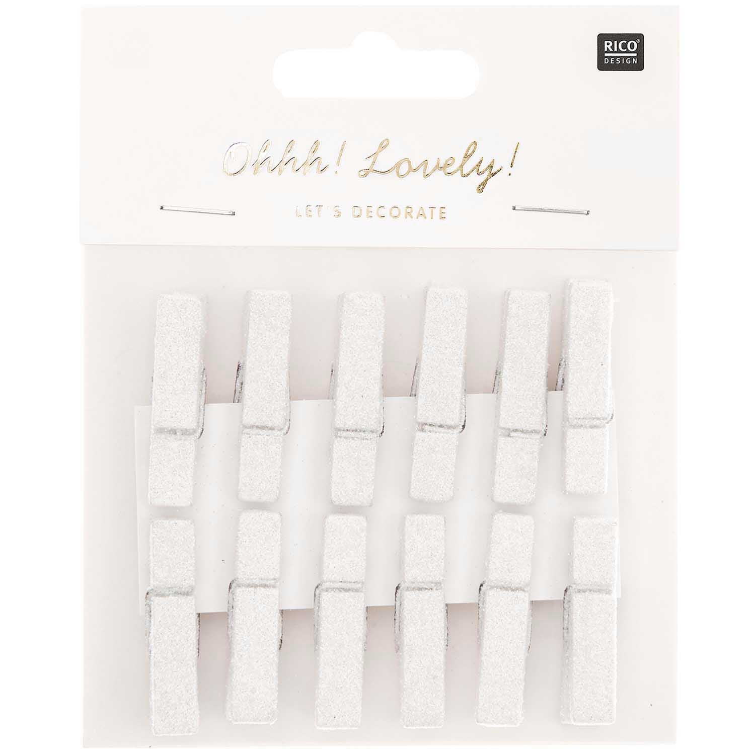 Clips Glitzer weiß Holz 12 Stk. 7x35 mm