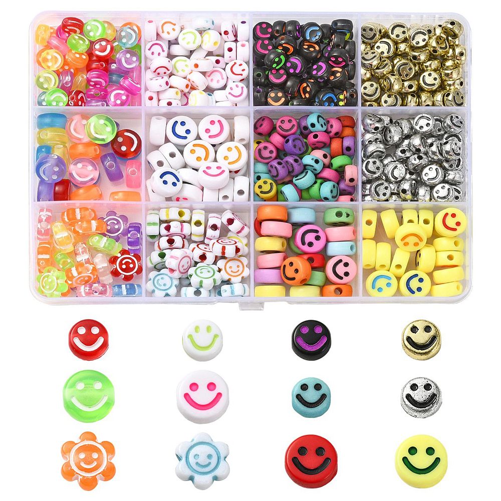 Acrylperlen flach rund mit lächelndem Gesichtern bunt 7 x 3,5-4 mm