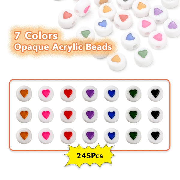 Acrylperlenset rund mit bunten Herzen 6,5x7x3,5 mm 7 Farben 245 Stück