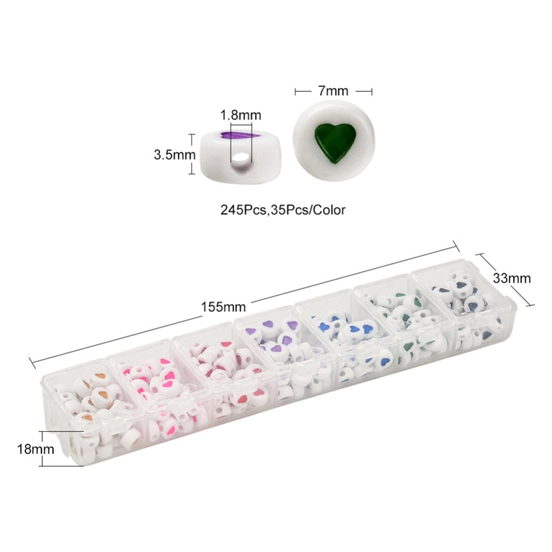 Acrylperlenset rund mit bunten Herzen 6,5x7x3,5 mm 7 Farben 245 Stück
