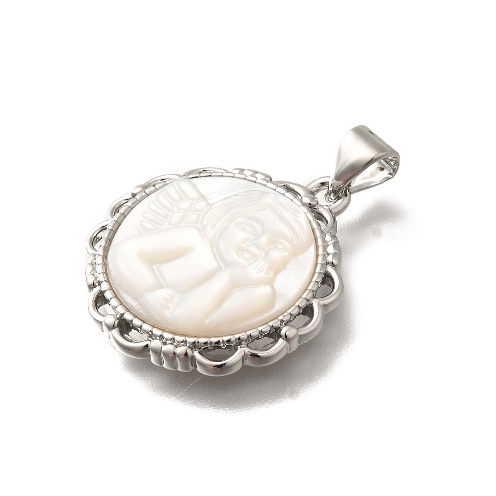 Anhänger Schutzengel aus Messing mit weißer Muschel platinfarben 22×19,5×3,5mm 1 Stück