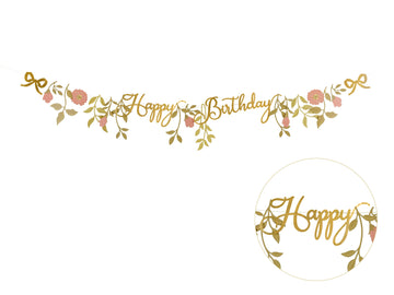 Blumen-Happy-Birthday-Banner rosa gold 1,3 m