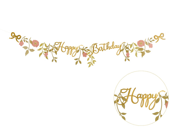Blumen-Happy-Birthday-Banner rosa gold 1,3 m