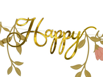 Blumen-Happy-Birthday-Banner rosa gold 1,3 m
