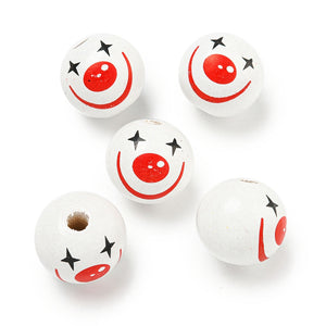 Clown-Gesicht bedruckt 20mm Holzkugel weiß/rot 10 Stück/ Packung