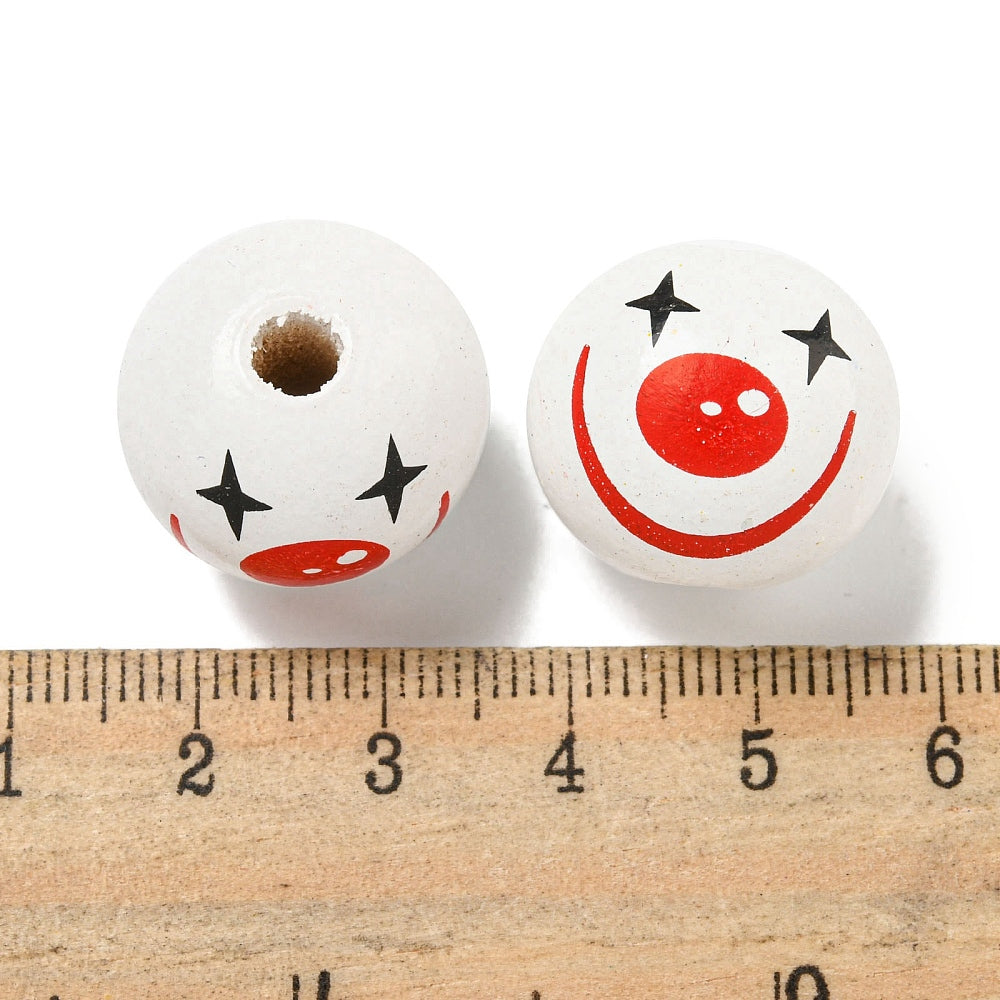 Clown-Gesicht bedruckt 20mm Holzkugel weiß/rot 10 Stück/ Packung