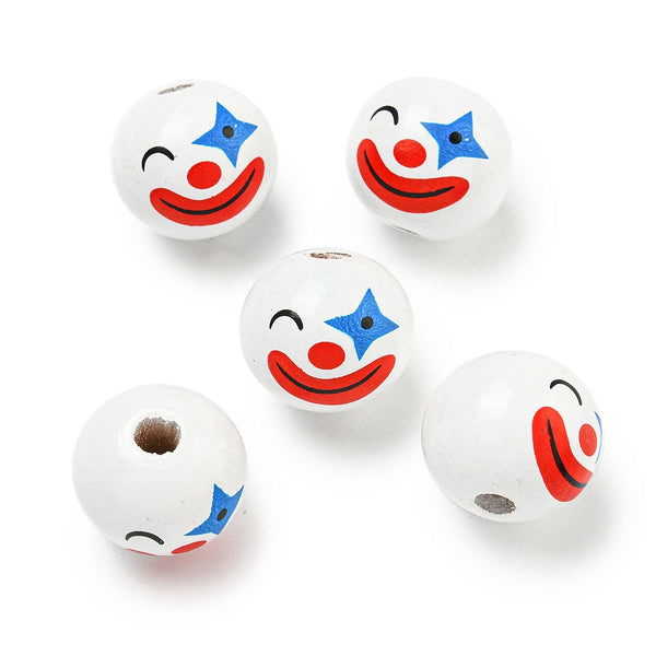 Clown-Gesicht bedruckt 20mm Holzkugel weiß/rot/blau 10 Stück/ Packung