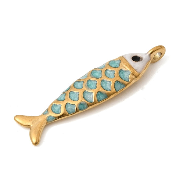 Edelstahl Emaille-Anhänger Fisch goldfarben türkis 25,5mm 1 Stück